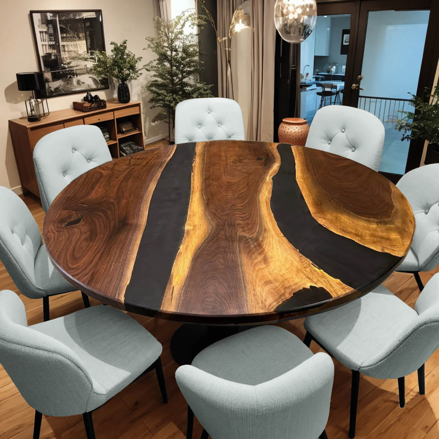 Custom Black Walnut Epoxy Resin Round Coffee Table – Black Resin BWB-32