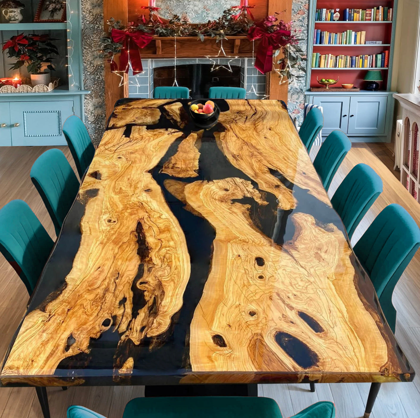 Custom Olive Wood Epoxy Resin River Table – Black Resin OG-28