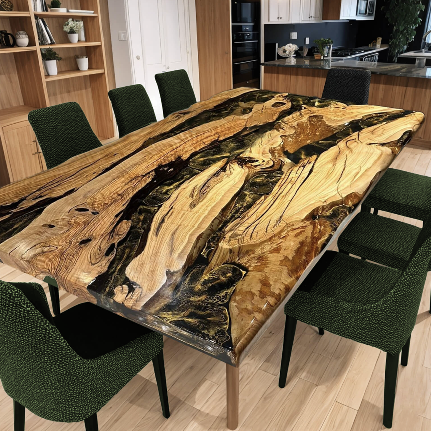Custom Olive Wood Epoxy Resin River Table – Black Resin OG-26