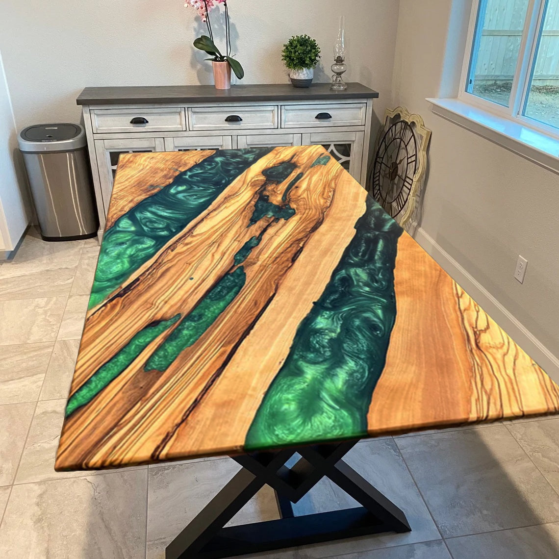 Custom Olive Wood Epoxy Resin River Table – Green Resin OG-25