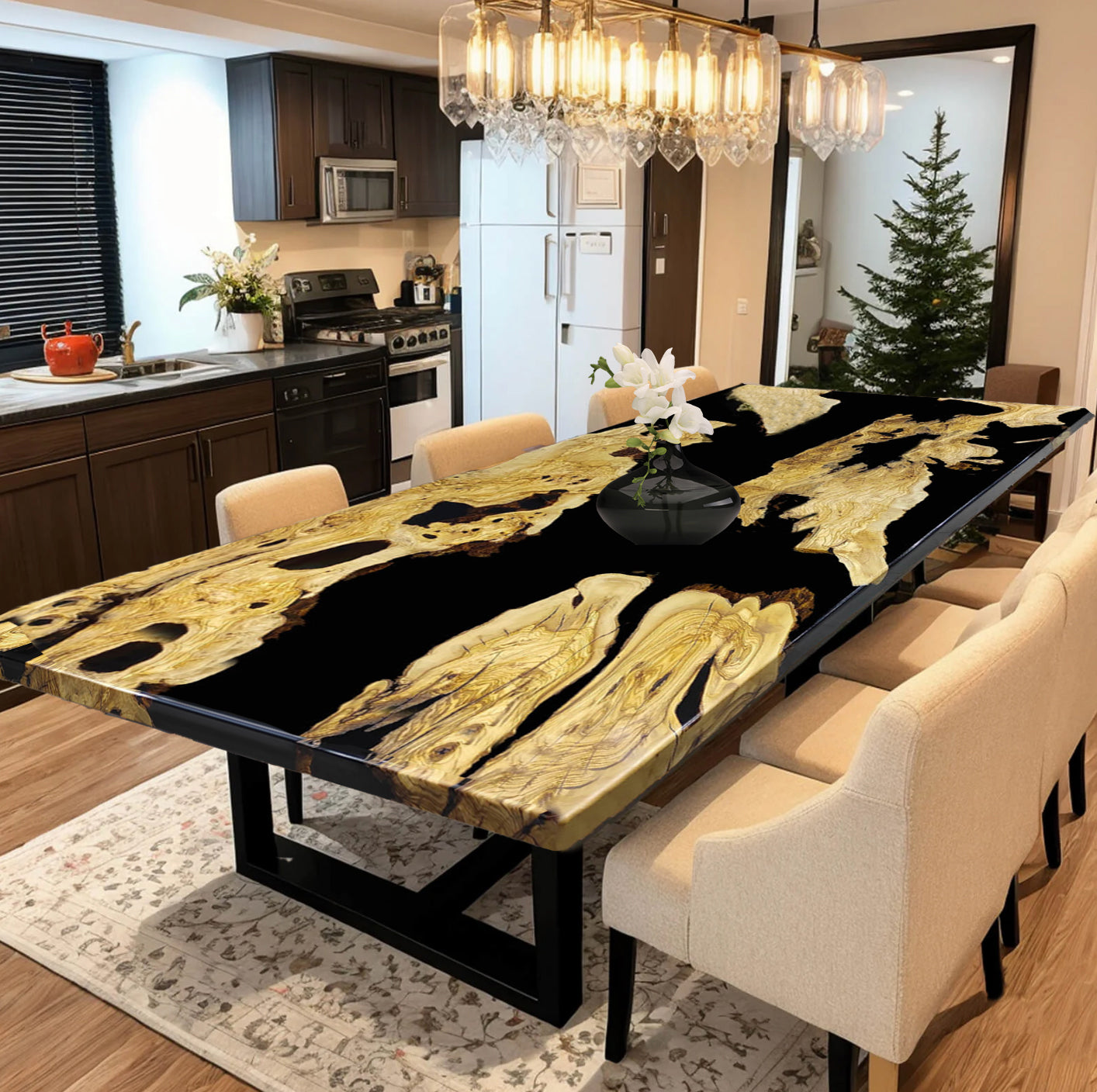 Custom Olive Wood Epoxy Resin Table – Black Resin OB-36