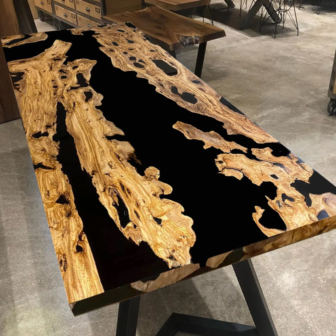 Custom Olive Wood Epoxy Resin River Table – Black Resin OG-27
