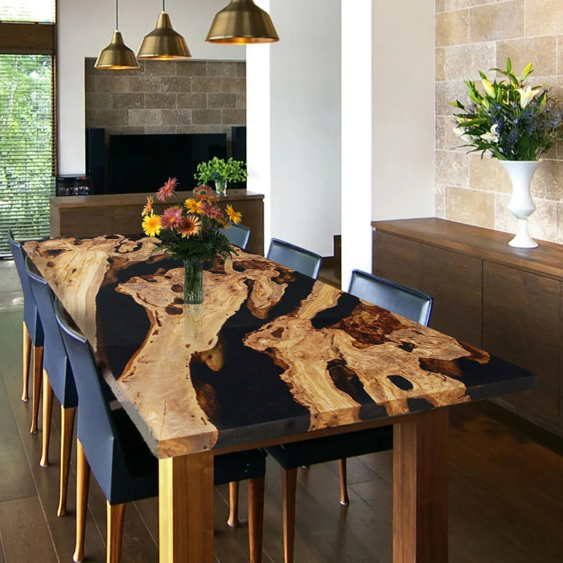 Custom Olive Wood Epoxy Resin River Table – Black Resin OB-29