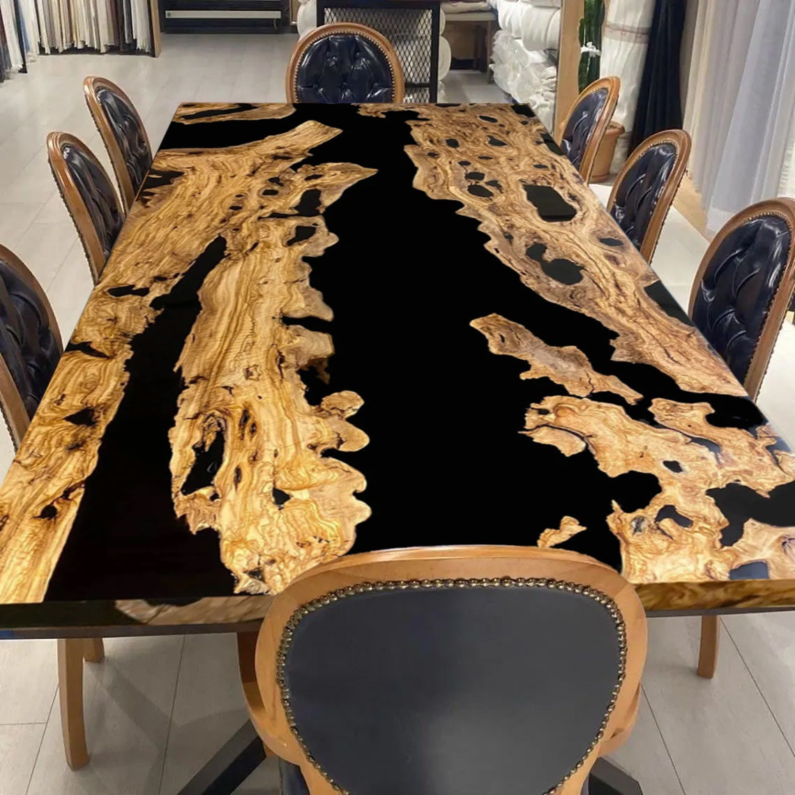 Custom Olive Wood Epoxy Resin River Table – Black Resin OG-27