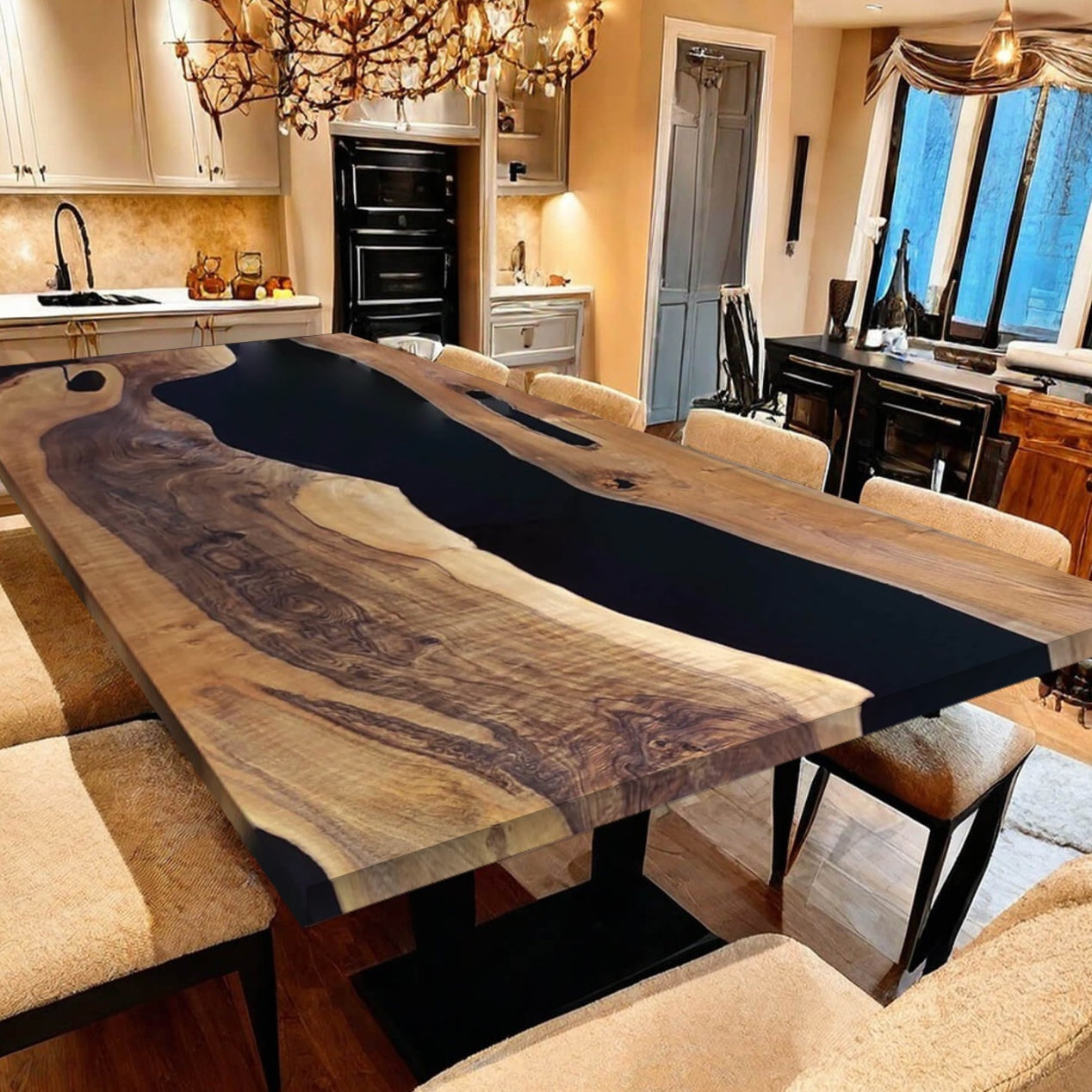 Custom Black Walnut Epoxy Resin River Table - Black Resin BWB-21