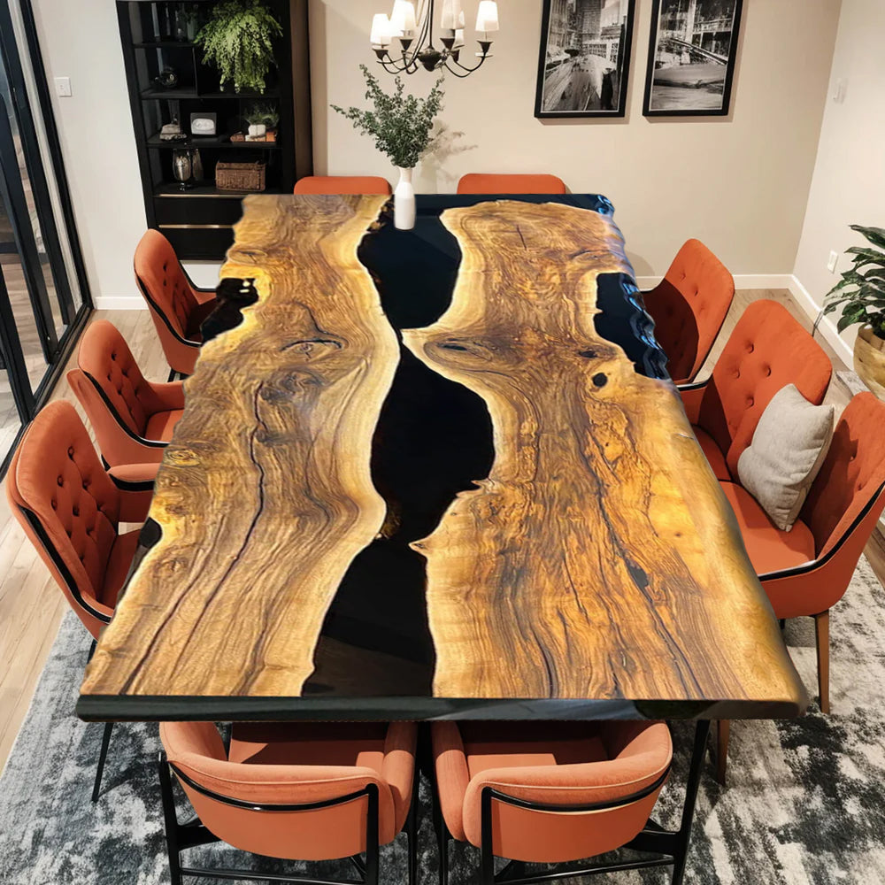 Custom Black Walnut Epoxy Resin River Table – Glossy Black Resin BWB-40