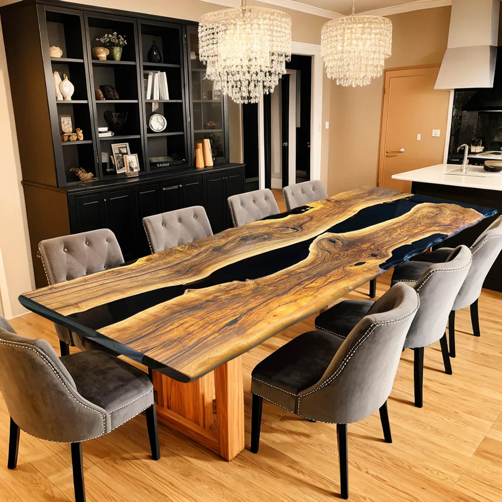 Custom Black Walnut Epoxy Resin River Table – Glossy Black Resin BWB-40