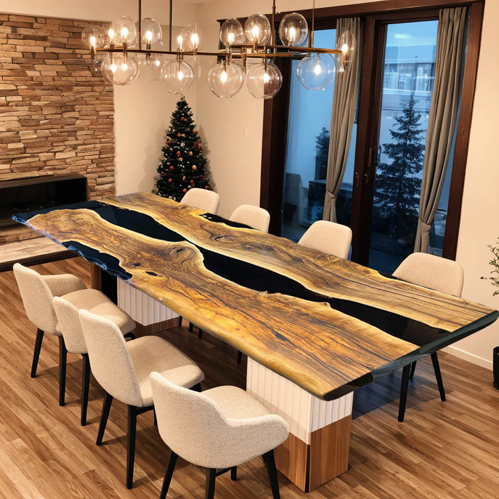 Custom Black Walnut Epoxy Resin River Table – Glossy Black Resin BWB-40