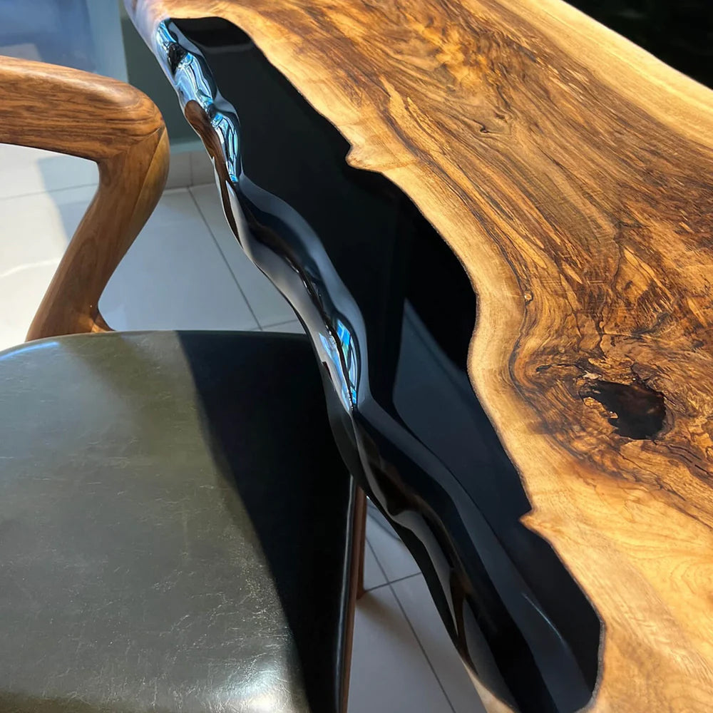 Custom Black Walnut Epoxy Resin River Table – Glossy Black Resin BWB-40