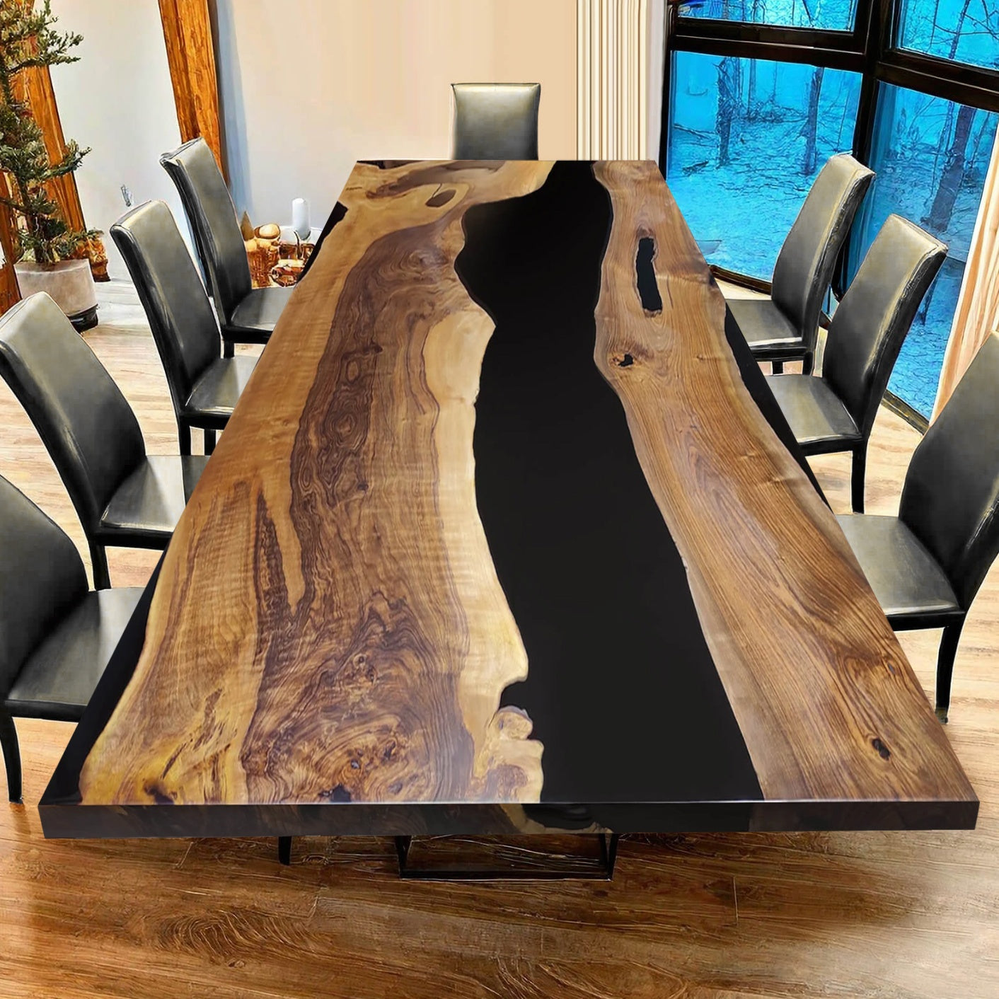 Custom Black Walnut Epoxy Resin River Table - Black Resin BWB-21