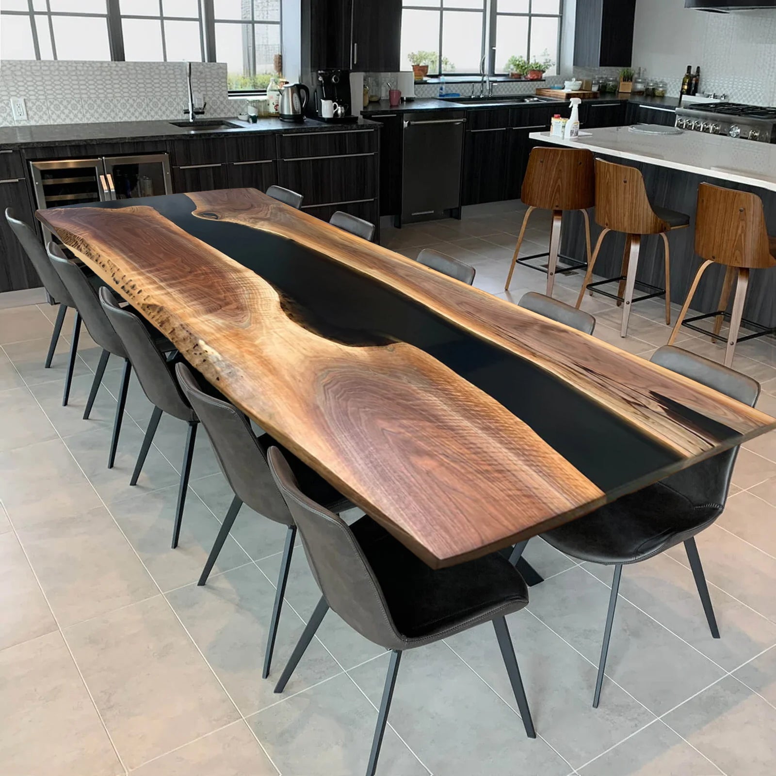 Custom Black Walnut Epoxy Resin River Table – Black Resin BWB-42