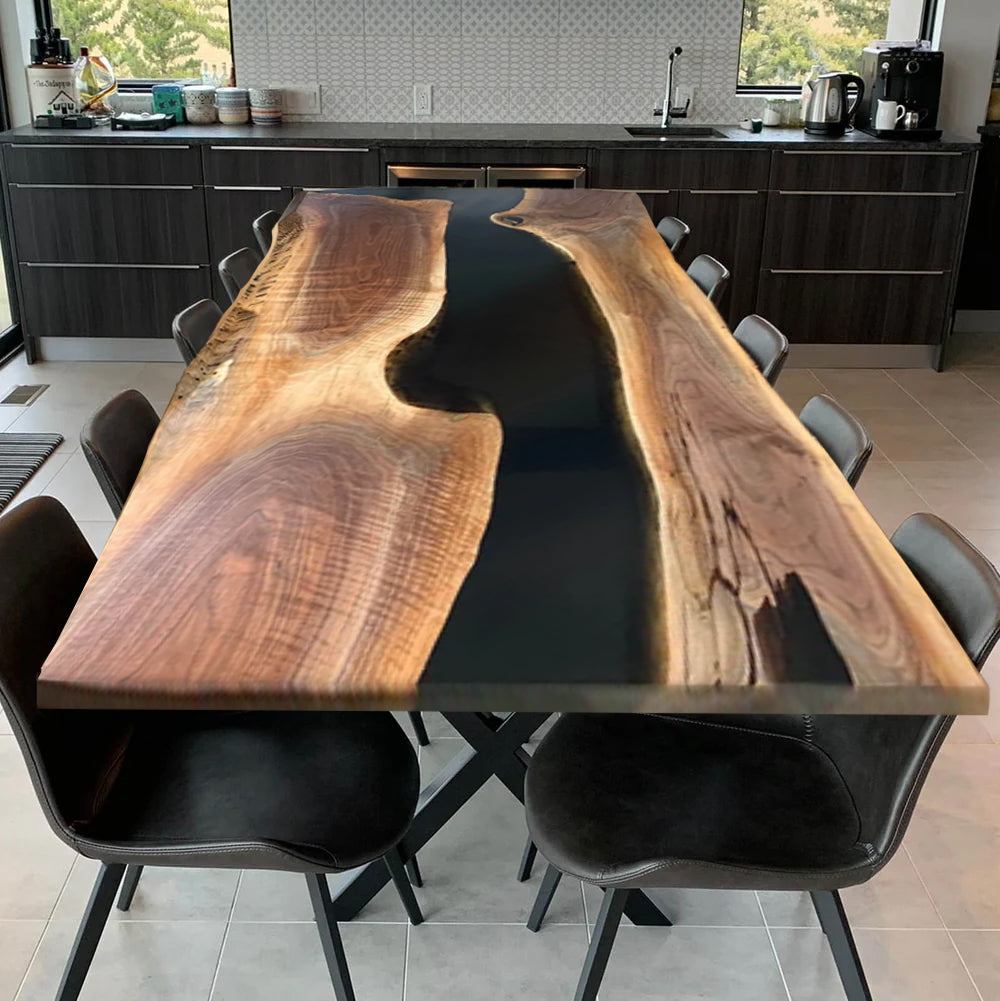Custom Black Walnut Epoxy Resin River Table – Black Resin BWB-42
