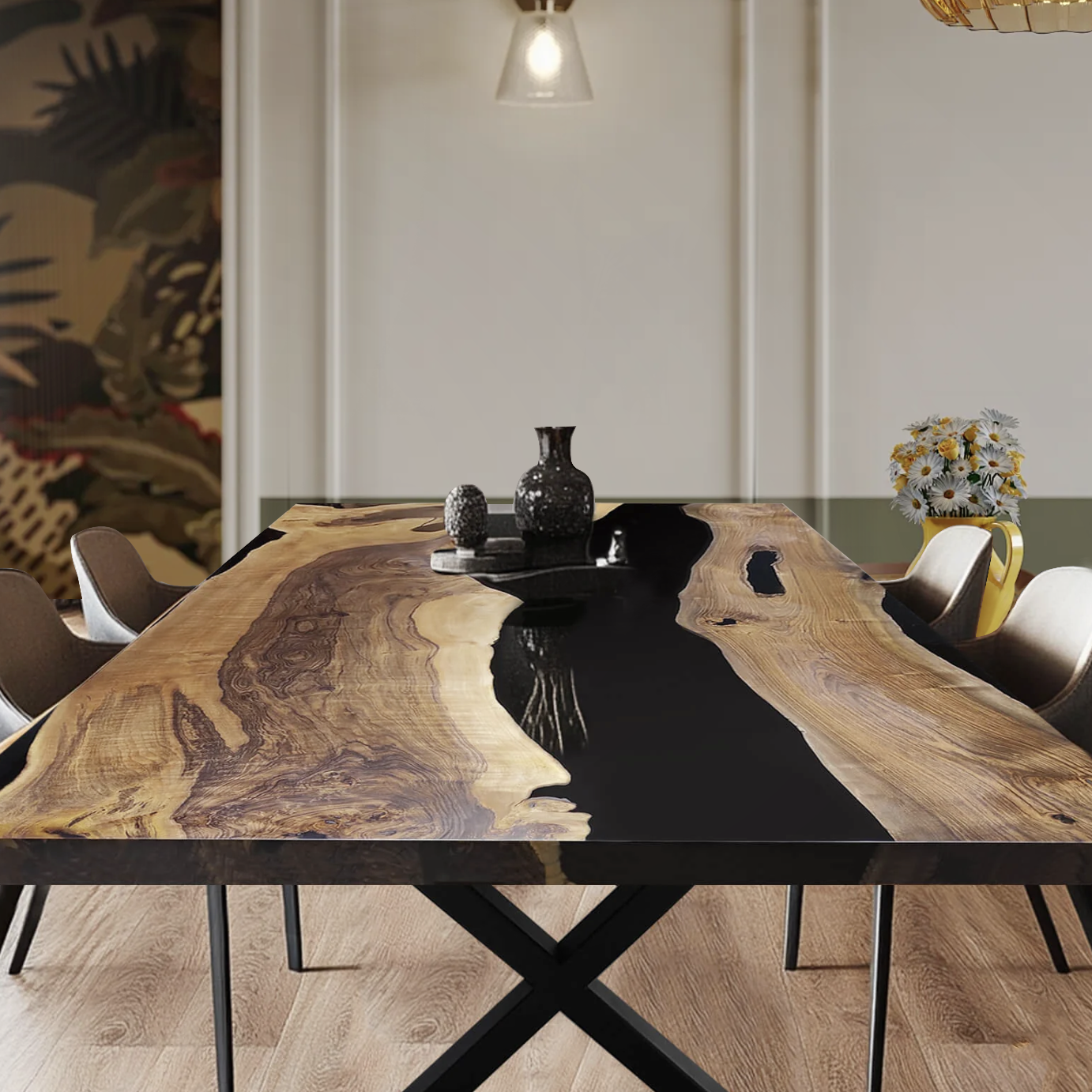 Custom Black Walnut Epoxy Resin River Table - Black Resin BWB-21