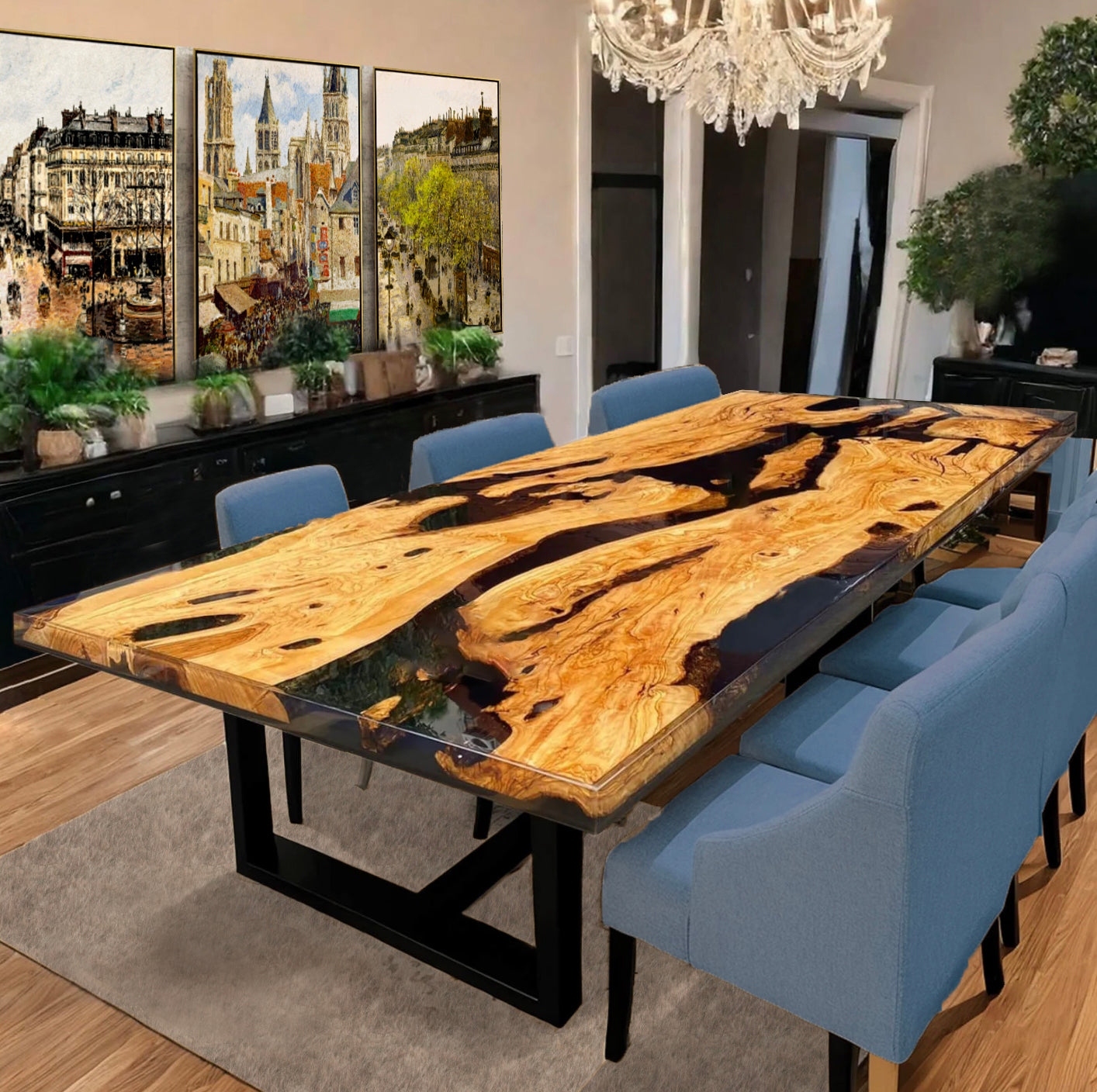 Custom Olive Wood Epoxy Resin River Table – Black Resin OG-28