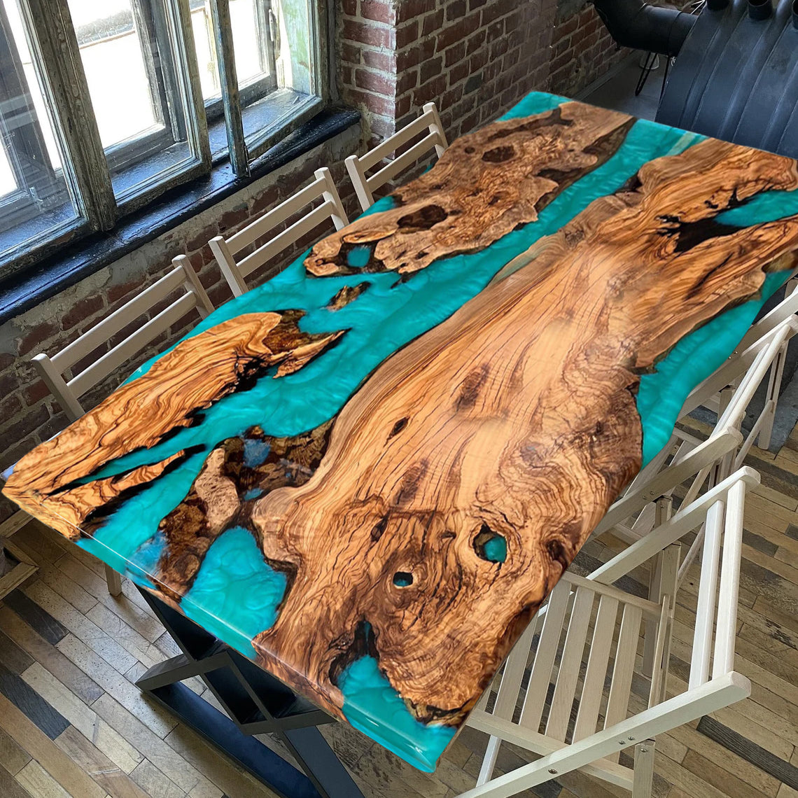 Custom Olive Wood Epoxy Resin River Table – Blue Resin OB-34