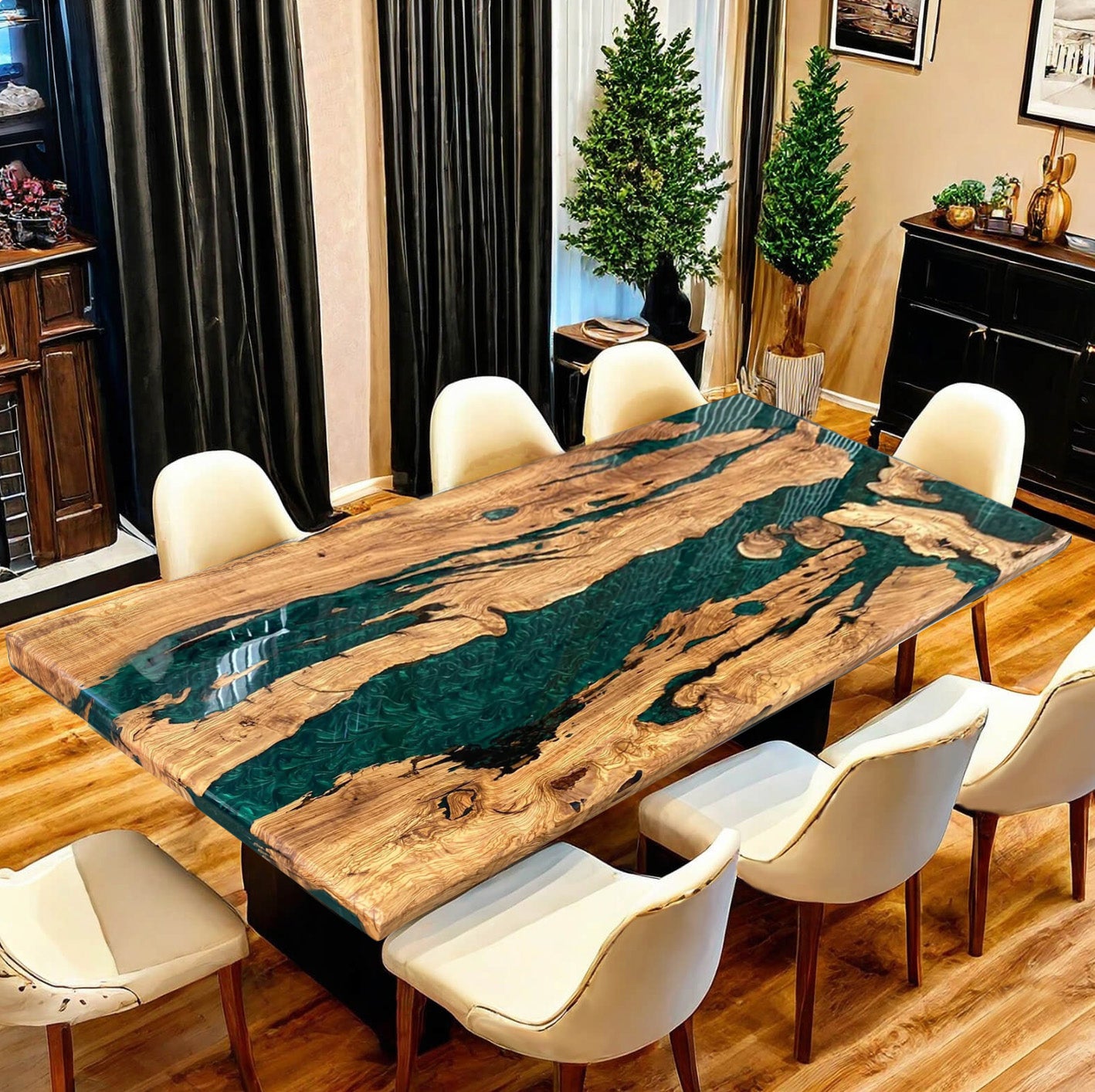 Custom Olive Wood Epoxy Resin River Table – Green Resin OG-32