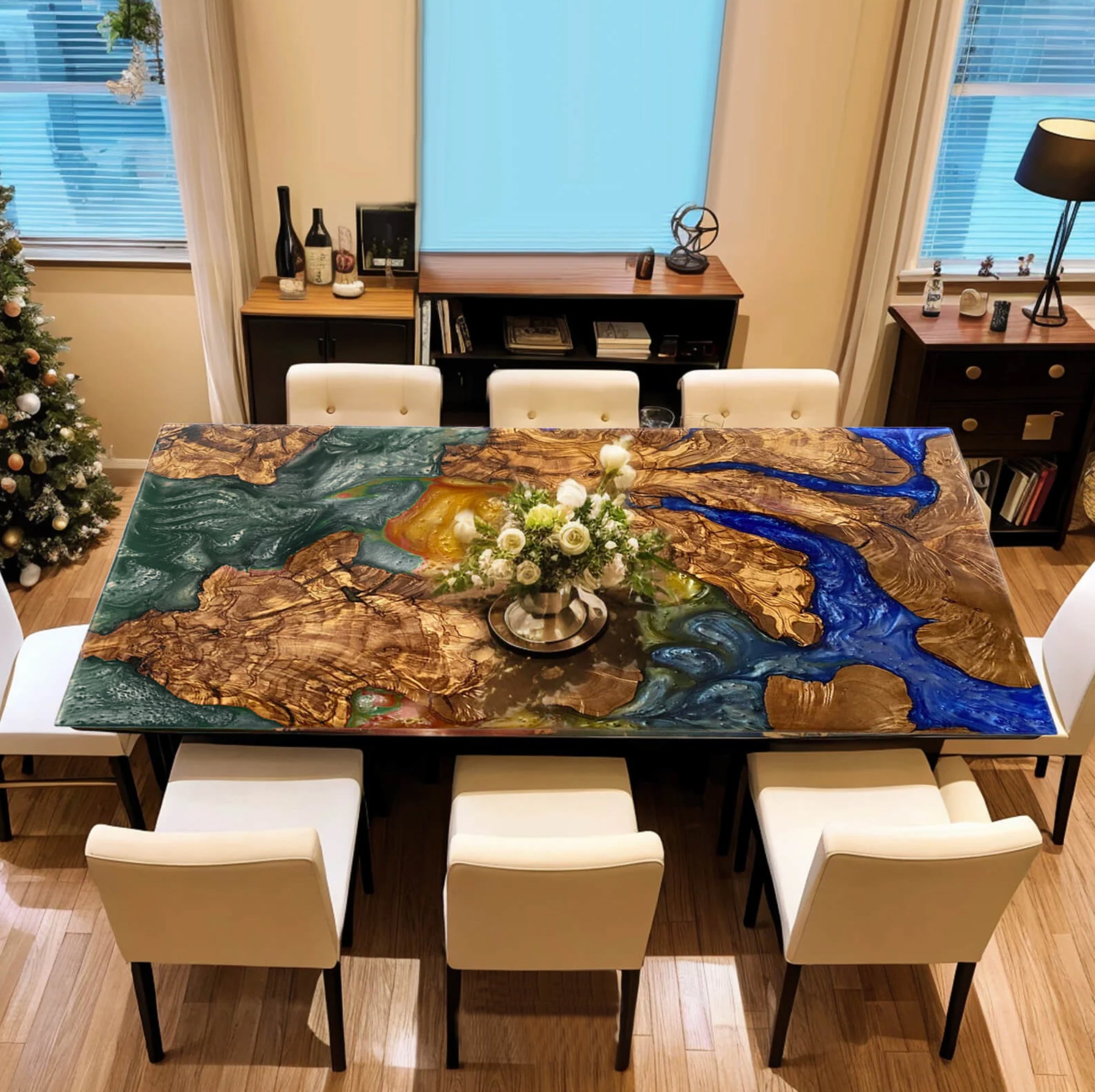 Custom Olive Wood Epoxy Resin River Table – Blue-Green Resin OB-30