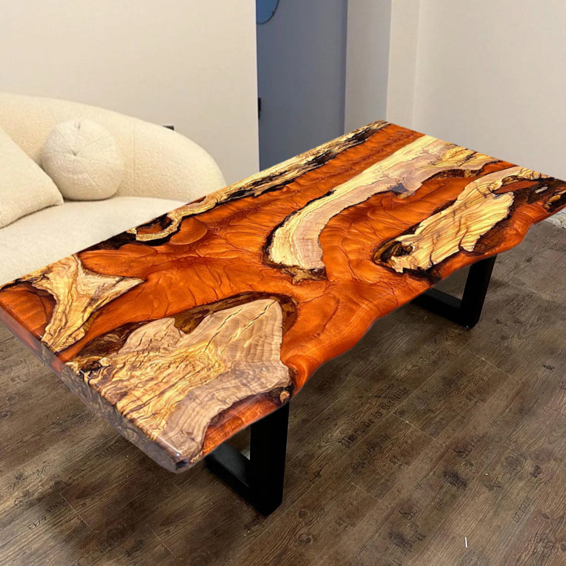 Custom Olive Wood Epoxy Resin River Table – Orange Resin OR-31