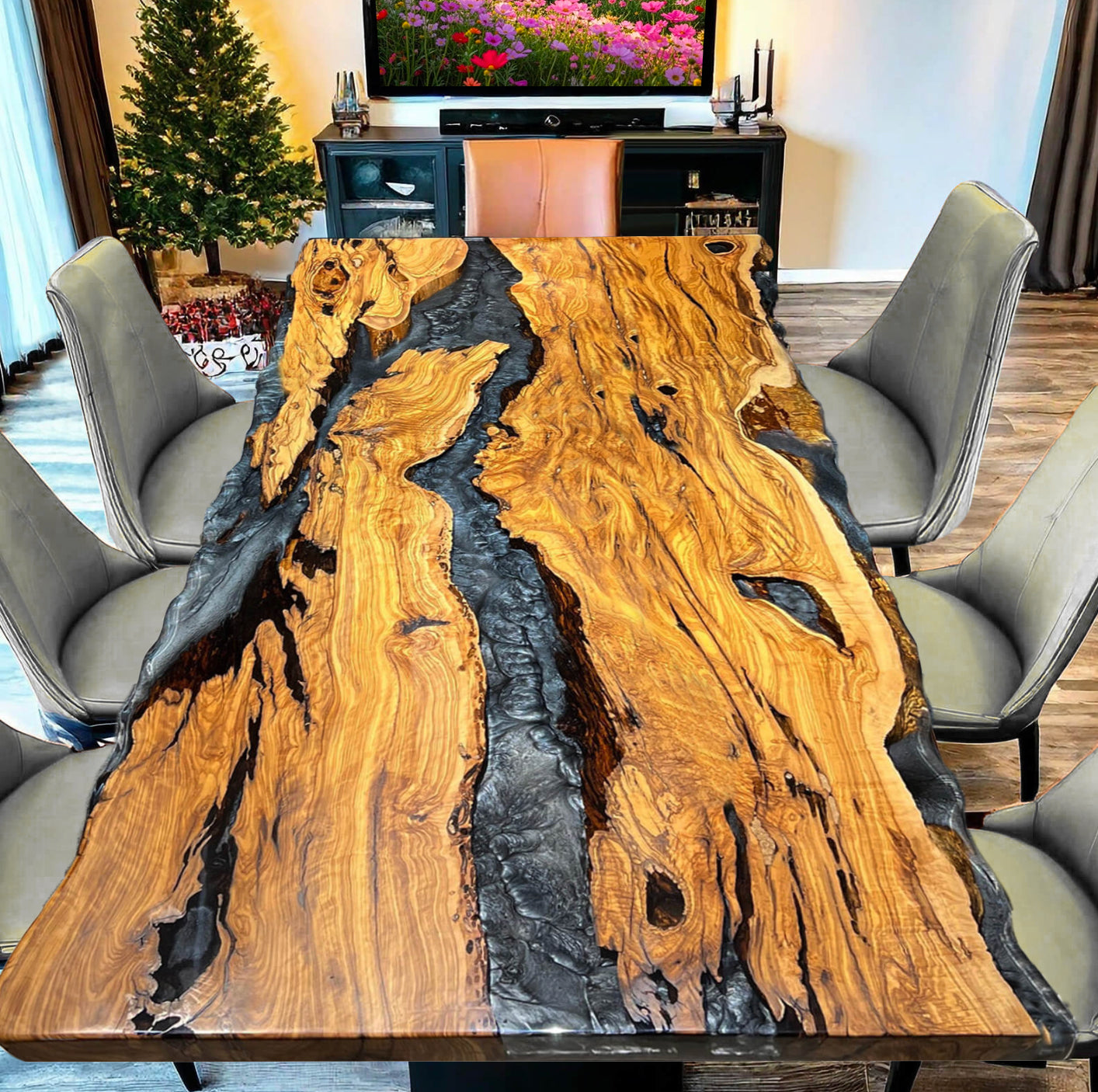 Custom Olive Wood Epoxy Resin River Table – Volcanic Gray Resin OG-35