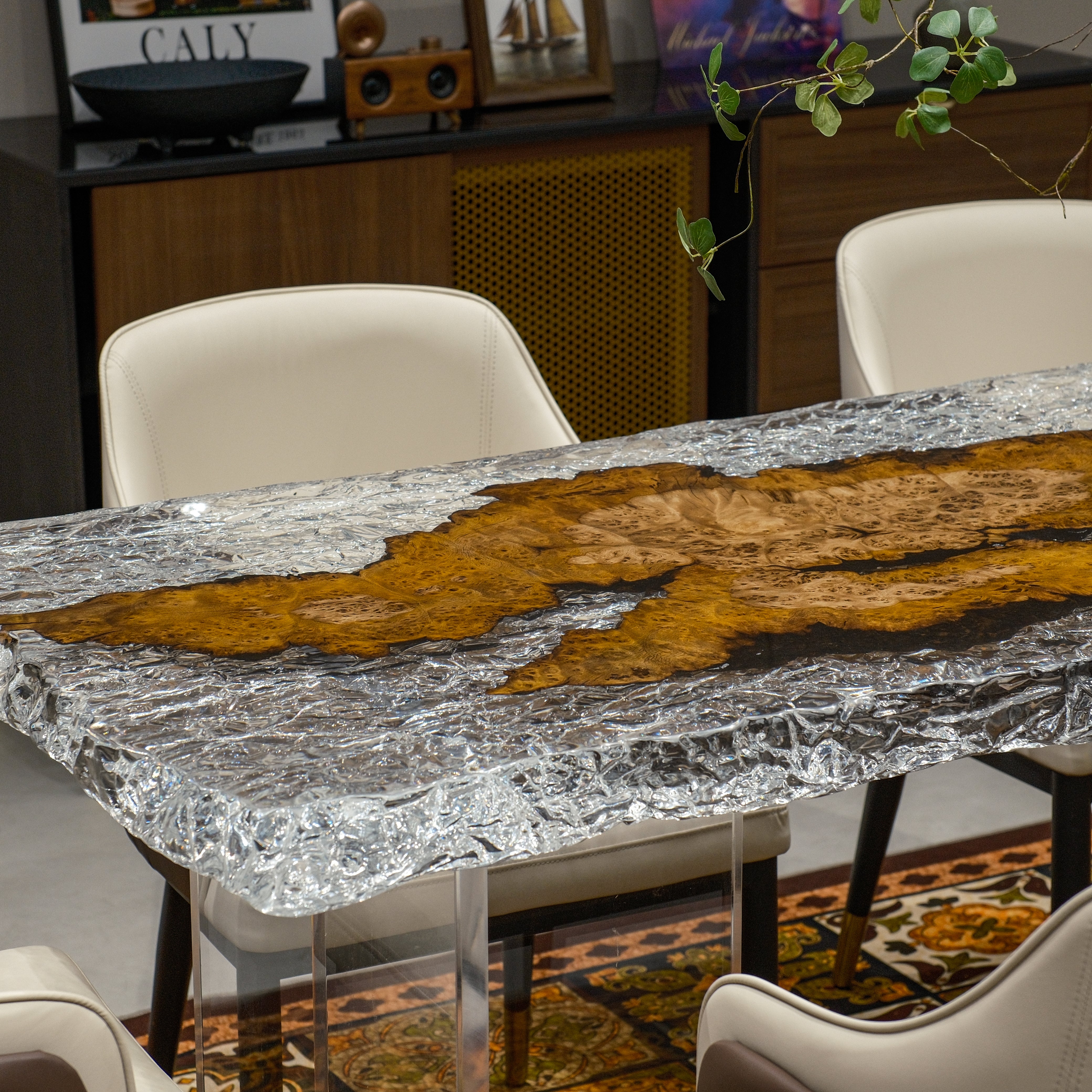 Custom Golden Camphor Wood Epoxy Resin Table – Ice Crystal Resin XHJZB11039