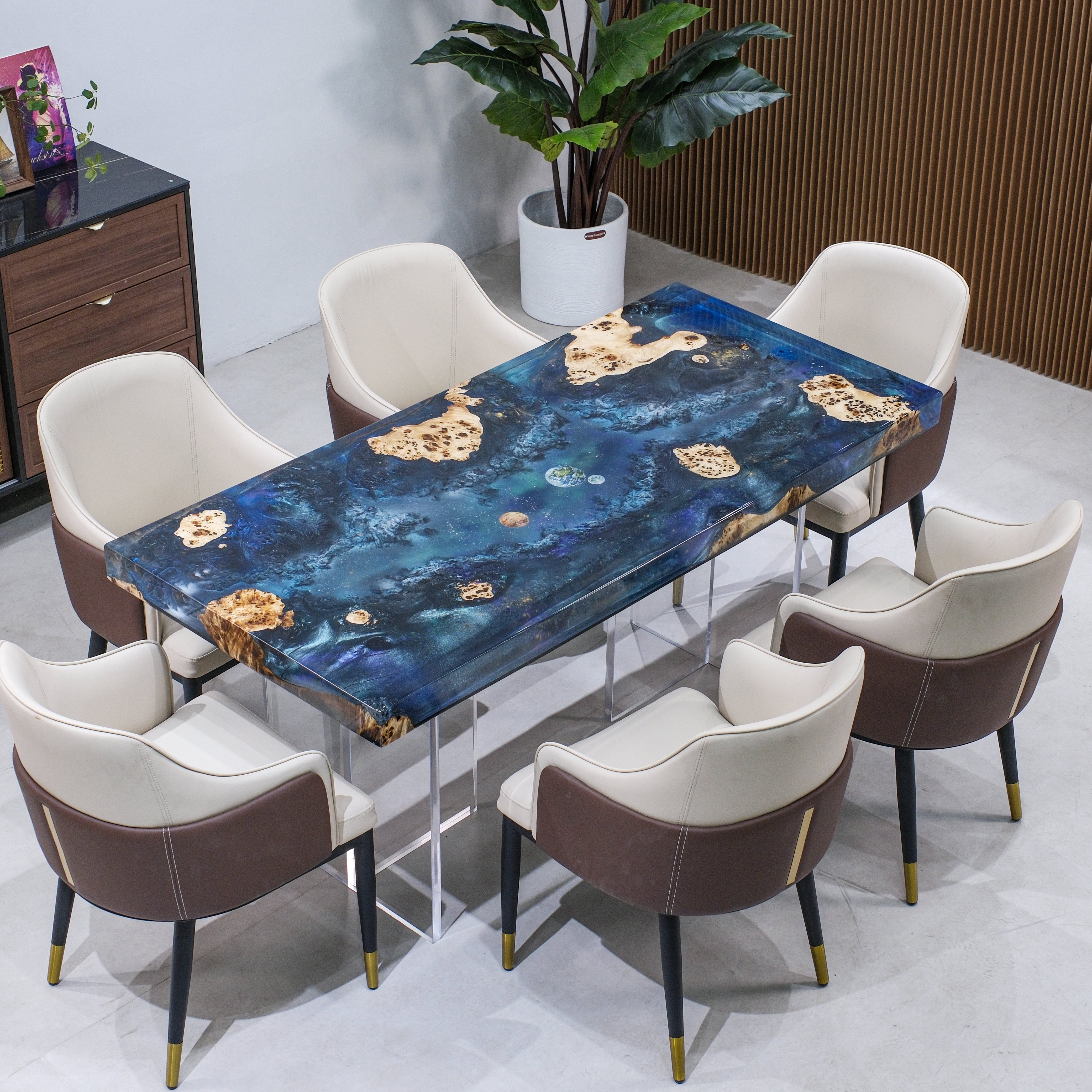 Custom French Poplar Wood Epoxy Resin Table - Blue Planet Resin XFZB1001
