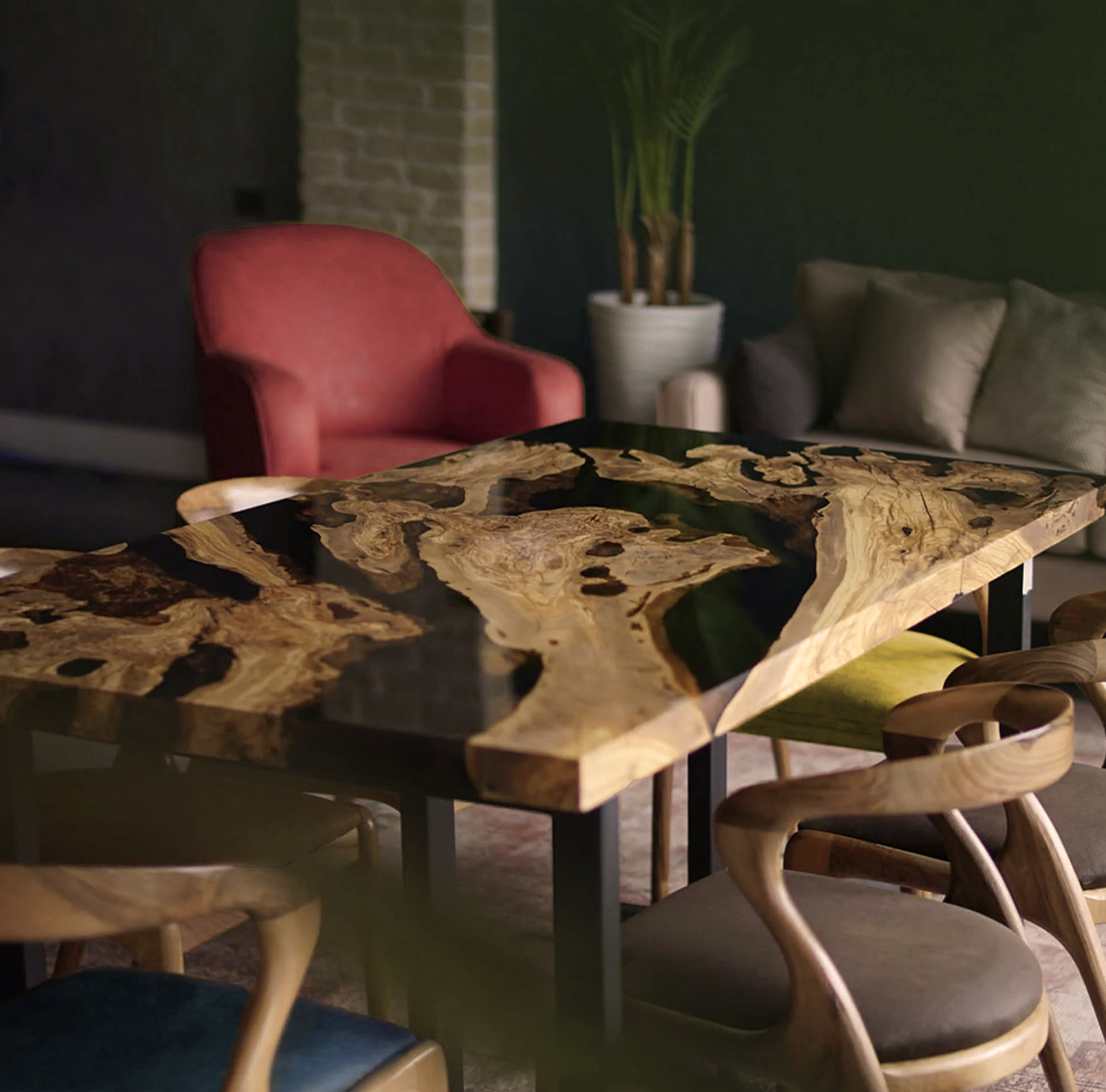Custom Olive Wood Epoxy Resin River Table – Black Resin OB-29