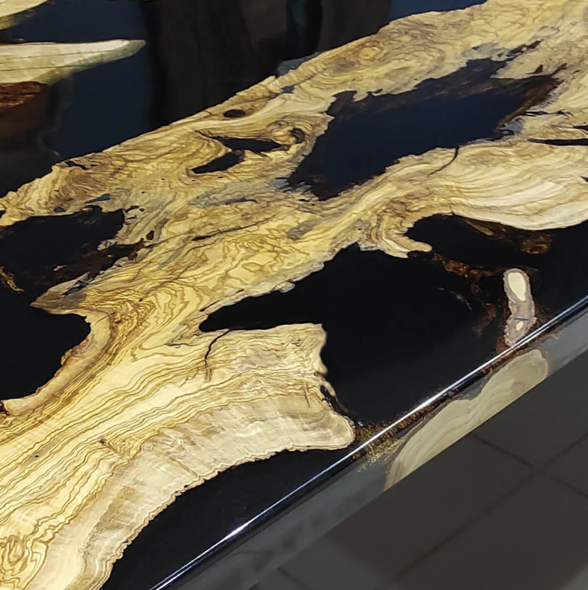 Custom Olive Wood Epoxy Resin Table – Black Resin OB-36