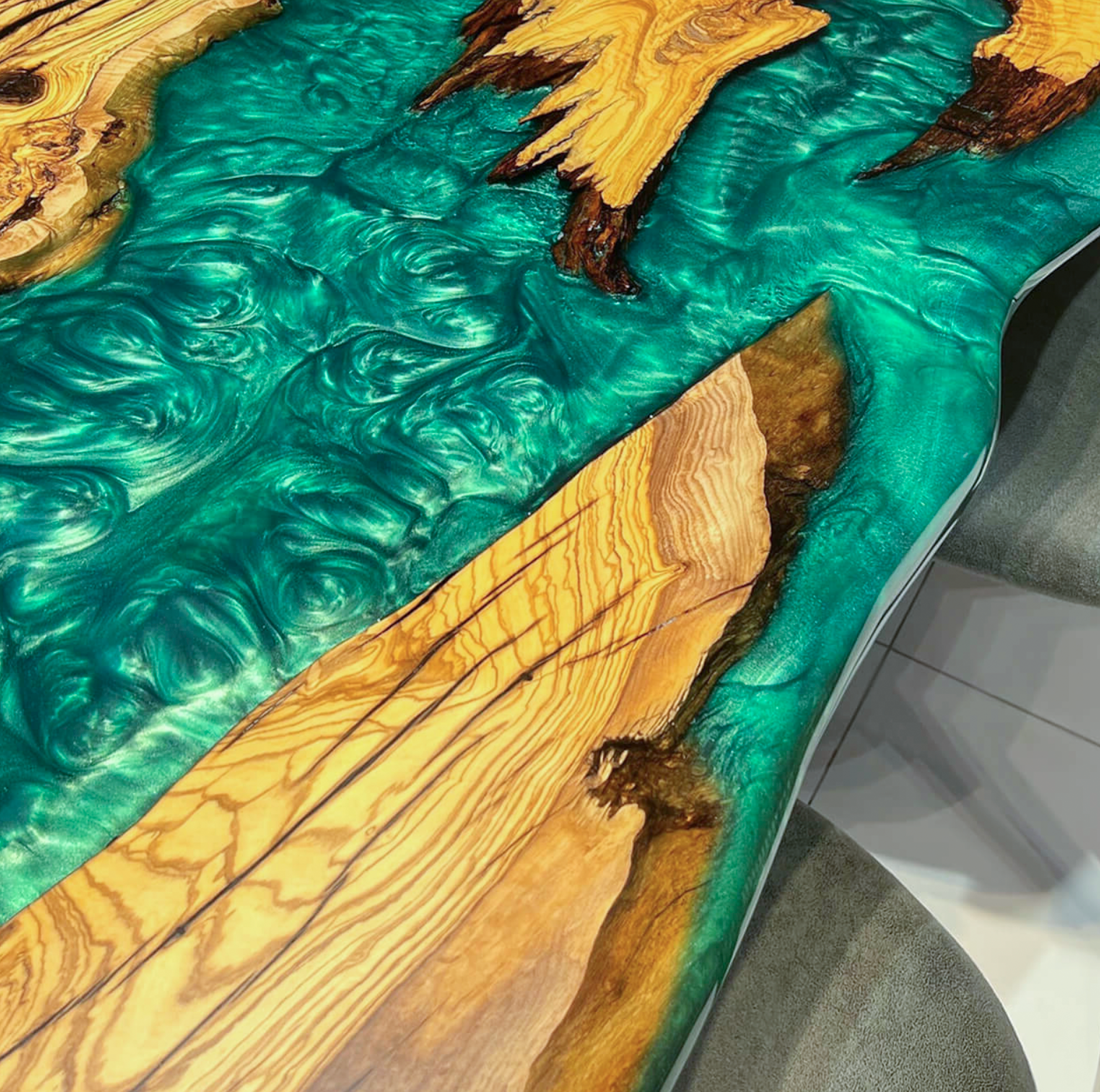Custom Olive Wood Epoxy Resin River Table – Emerald Green Resin OG-33