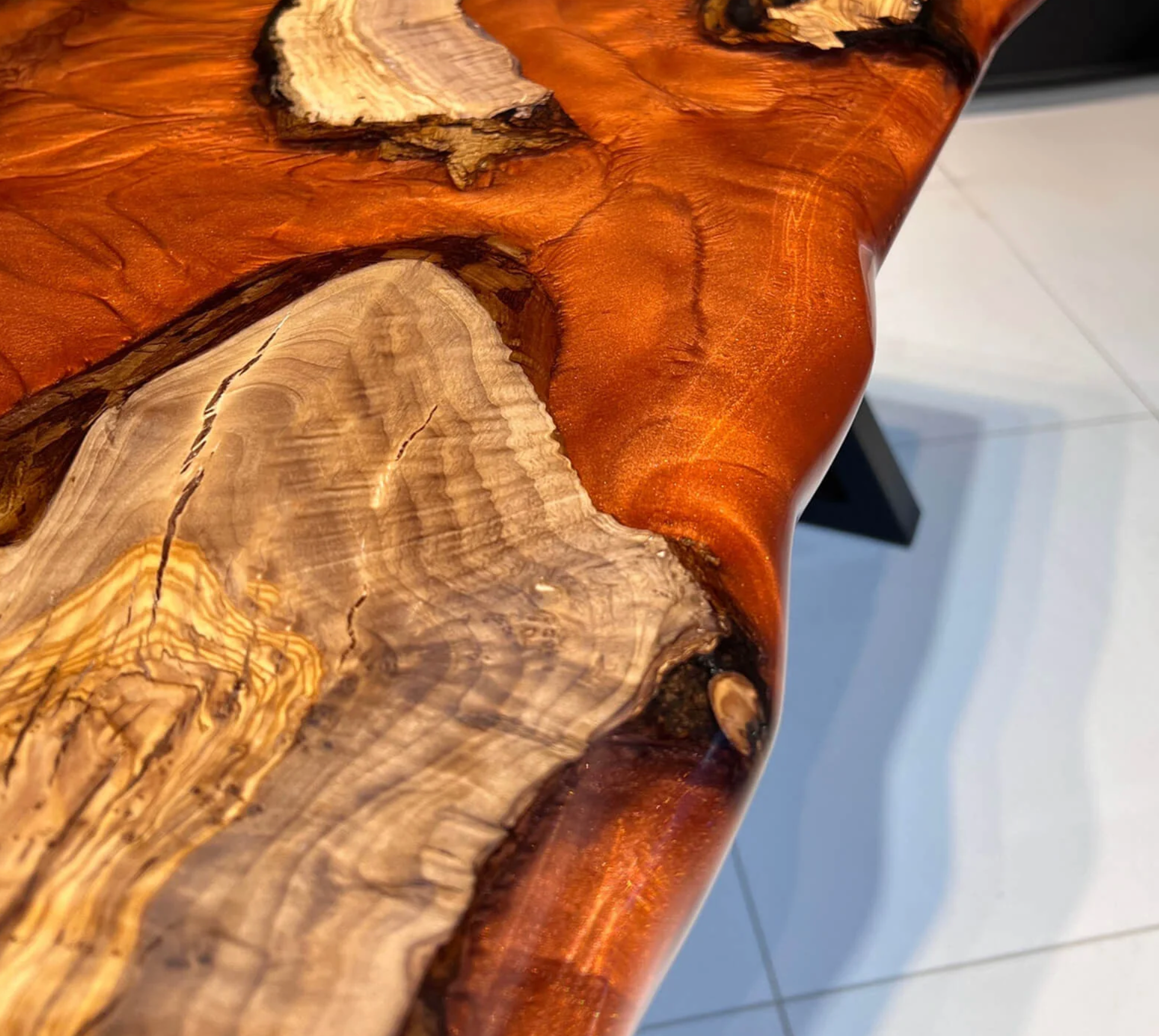 Custom Olive Wood Epoxy Resin River Table – Orange Resin OR-31