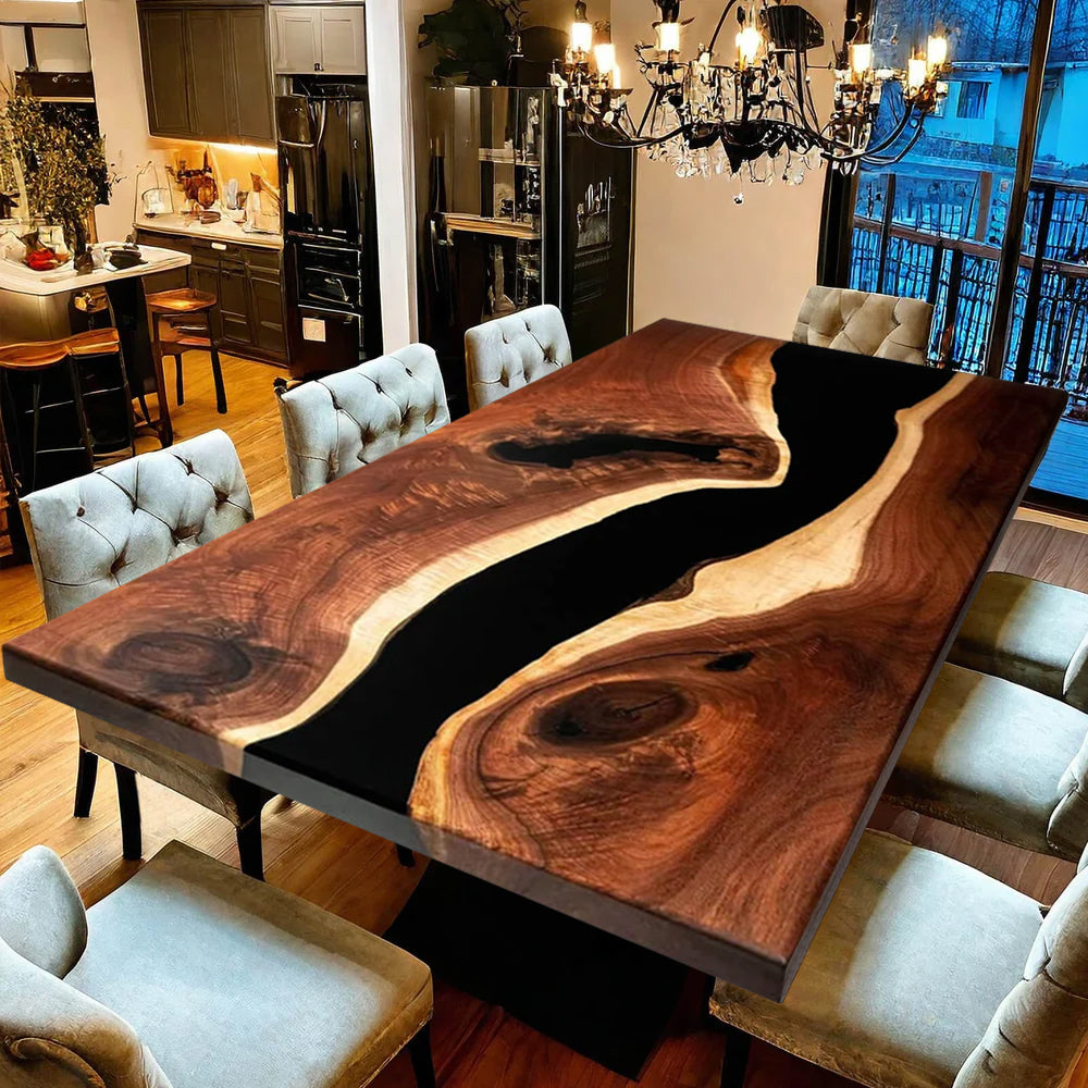 Custom Black Walnut Epoxy Resin River Table – Black Resin BWB-50