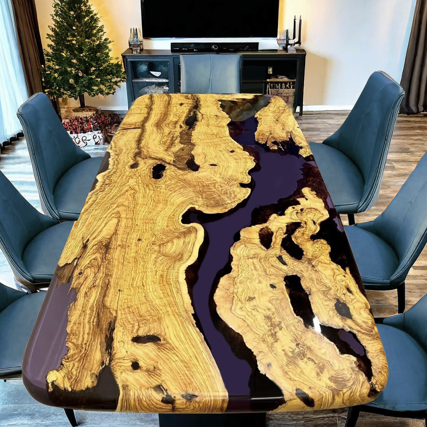 Custom Olive Epoxy Resin River Table - Purple Resin OP-21