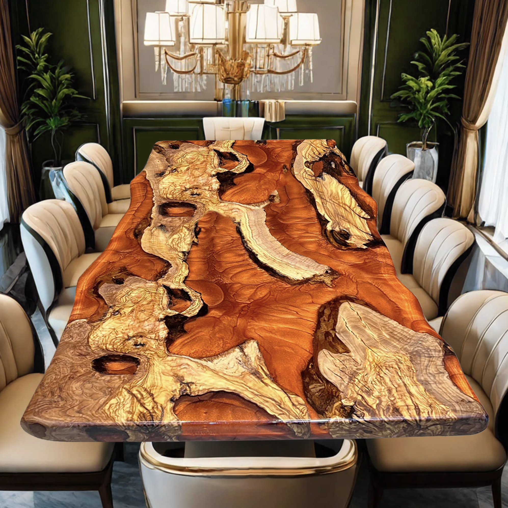 Custom Olive Wood Epoxy Resin River Table – Orange Resin OR-31