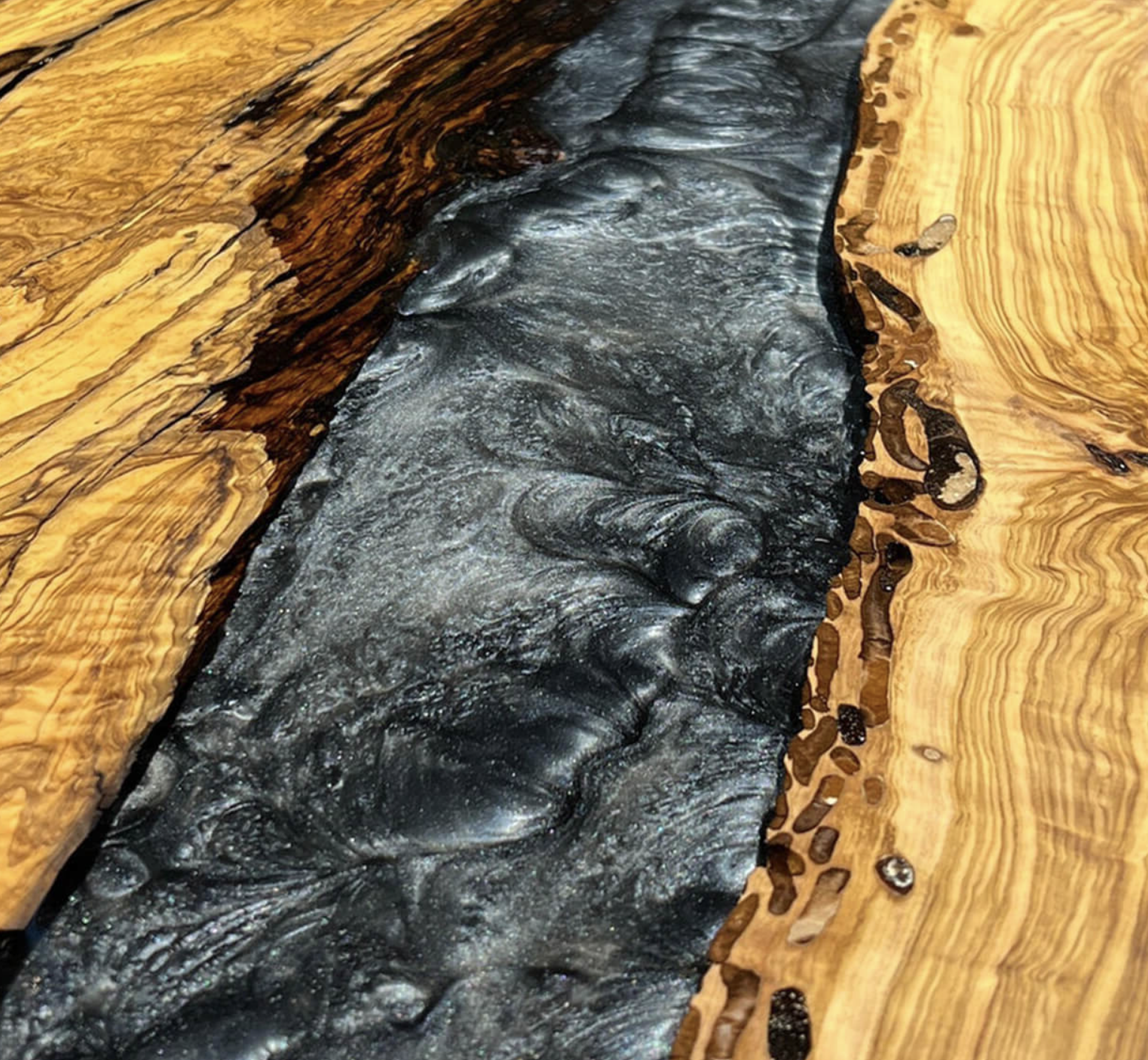 Custom Olive Wood Epoxy Resin River Table – Volcanic Gray Resin OG-35